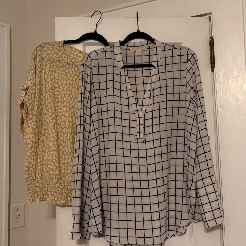 Michael Kors White Blouse with Navy Windowpane Grid